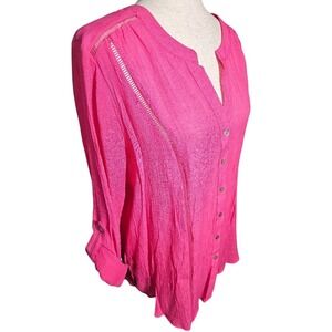 Pink Button-Up Long Sleeve Rayon Blend Women's Top Blouse Lg